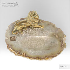 Bronze figure of lion with demantoids inserts on agate plate A0073A