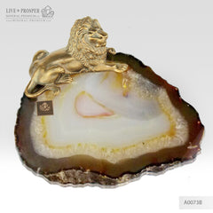 Bronze figure of lion with demantoids inserts on agate plate A0073B