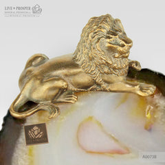 Bronze figure of lion with demantoids inserts on agate plate A0073B