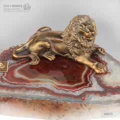 Bronze Figure of Lion with Demantoids inserts on Agate plate