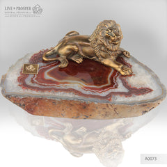 Bronze Figure of Lion with Demantoids inserts on Agate plate