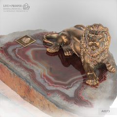 Bronze Figure of Lion with Demantoids inserts on Agate plate