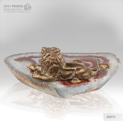 Bronze Figure of Lion with Demantoids inserts on Agate plate