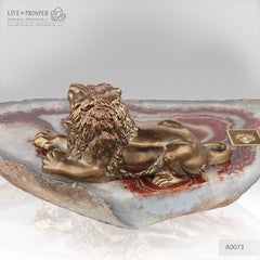 Bronze Figure of Lion with Demantoids inserts on Agate plate