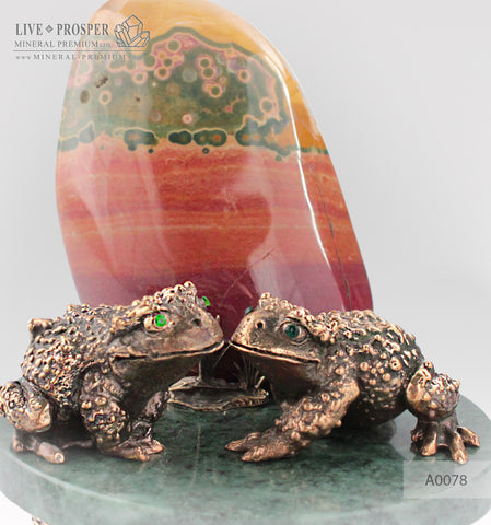 Bronze frog Couple figures with Demantoids inserts with Jasper on a Marble plate