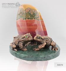 Bronze frog Couple figures with Demantoids inserts with Jasper on a Dolerite plate 
