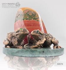 Bronze frog Couple figures with Demantoids inserts with Jasper on a Dolerite plate 