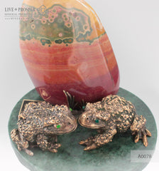 Bronze frog Couple figures with Demantoids inserts with Jasper on a Dolerite plate 