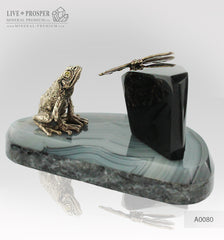 Bronze frog and dragonfly figures with demantoids inserts with morion on a agate and marvel plates