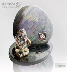 Bronze figure of Monkey Philosophy with Labradorite on Dolerite plate