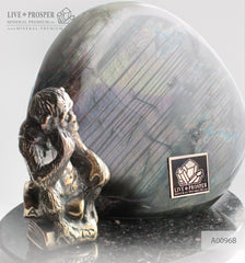 Bronze figure of Monkey Philosophy with Labradorite on Dolerite plate