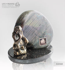 Bronze figure of Monkey Philosophy with Labradorite on Dolerite plate