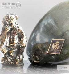 Bronze figure of Monkey Philosophy with Labradorite on Dolerite plate
