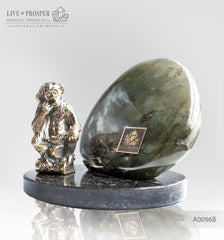 Bronze figure of Monkey Philosophy with Labradorite on Dolerite plate