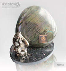 Bronze figure of Monkey Philosophy with Labradorite on Dolerite plate