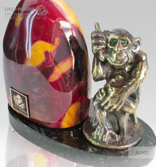 Bronze figure of Monkey philosophy with mookaite jasper on a dolerite plate A0101