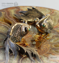 Bronze goldfish couple figures with demantoids inserts with ammonite