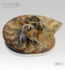 Bronze goldfish couple figures with demantoids inserts with ammonite