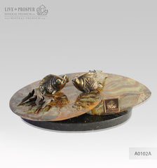 Bronze goldfish couple figures with demantoids inserts with ammonite