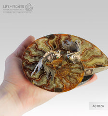 Bronze goldfish couple figures with demantoids inserts with ammonite