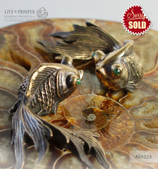 Bronze goldfish couple figures with demantoids inserts with ammonite