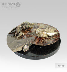 Bronze Goldfish couple figures with Demantoid inserts with Ammonite