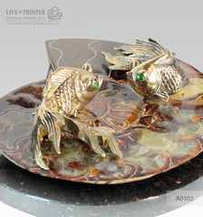 Bronze Goldfish couple figures with Demantoid inserts with Ammonite