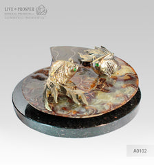 Bronze Goldfish couple figures with Demantoid inserts with Ammonite