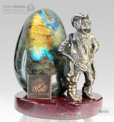 Bronze figure of Monkey sheriff with Labradorite on Dolerite plate