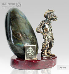 Bronze figure of Monkey sheriff with Labradorite on Dolerite plate