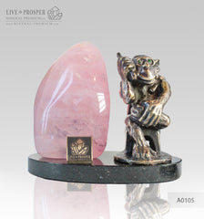 Bronze figure of Monkey with Demantoid inserts with Pink quartz on a Dolerite plate