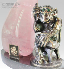 Bronze figure of Monkey with Demantoid inserts with Pink quartz on a Dolerite plate