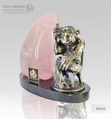 Bronze figure of Monkey with Demantoid inserts with Pink quartz on a Dolerite plate