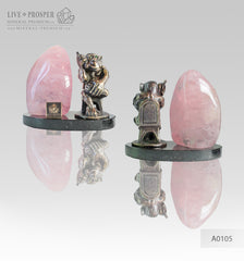 Bronze figure of Monkey with Demantoid inserts with Pink quartz on a Dolerite plate