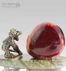 Bronze figure of monkey on guard with carnelian on marvel plate