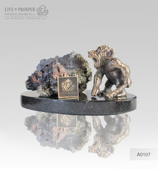 Bronze figure of Monkey on Guard with Sphalerite pyrite on Dolerite plate