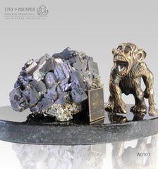 Bronze figure of Monkey on Guard with Sphalerite pyrite on Dolerite plate