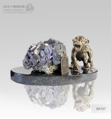 Bronze figure of Monkey on Guard with Sphalerite pyrite on Dolerite plate