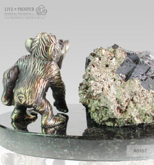 Bronze figure of Monkey on Guard with Sphalerite pyrite on Dolerite plate