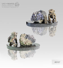 Bronze figure of Monkey on Guard with Sphalerite pyrite on Dolerite plate