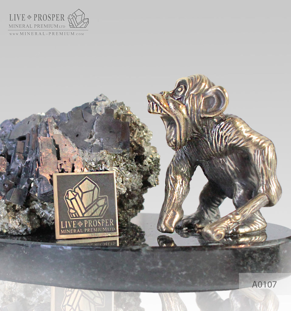 Bronze figure of Monkey on Guard with Sphalerite pyrite on Dolerite plate