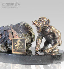 Bronze figure of Monkey on Guard with Sphalerite pyrite on Dolerite plate