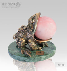 Bronze figure of Frog with Demantoid inserts with Pink quartz Sphere on a Marvel plate