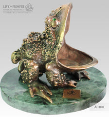Bronze figure of Frog with Demantoid inserts with Pink quartz Sphere on a Marvel plate