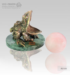 Bronze figure of Frog with Demantoid inserts with Pink quartz Sphere on a Marvel plate