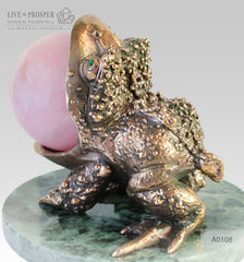Bronze figure of Frog with Demantoid inserts with Pink quartz Sphere on a Marvel plate