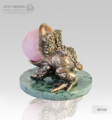 Bronze figure of Frog with Demantoid inserts with Pink quartz Sphere on a Marvel plate