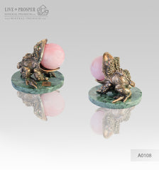 Bronze figure of Frog with Demantoid inserts with Pink quartz Sphere on a Marvel plate