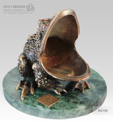 Bronze figure of Frog with Demantoid inserts with Pink quartz Sphere on a Marvel plate