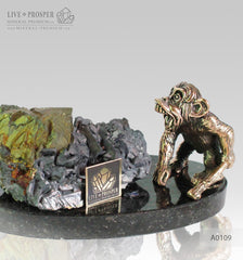 Bronze figure of monkey on guard with sphalerite pyrite on a dolerite plate A0109